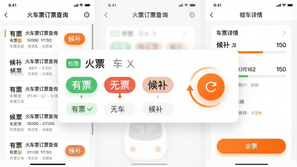 主体为“火车票订票查询”App的余票监控功能界面,画面中央是一个放大的车次卡片,卡片上显示“有票”、“无票”、“候补”三种状态标签,旁边有一个圆形刷新按钮,按钮周围有旋转的弧形箭头动画。布局采用左右分栏,左侧为车次列表,右侧为详情面板。排版风格为现代卡片式设计,颜色以白色背景搭配橙色高亮按钮,细节包括进度条和数字倒计时。画质清晰,干净无多余元素。