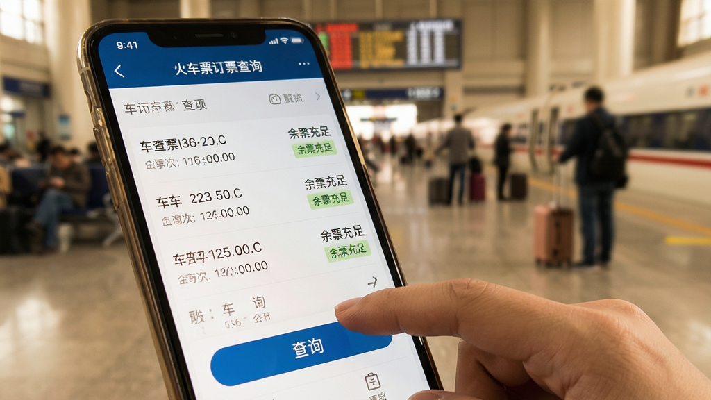 主体为“火车票订票查询”App在手机上的实际使用场景,一只手正点击屏幕中的“查询”按钮,屏幕显示车次列表。布局采用特写镜头,手机屏幕占画面三分之二,背景为模糊的火车站候车大厅。排版风格写实,色调温暖,突出便捷操作感。细节包括屏幕上的车次信息和“余票充足”字样。画质清晰,无多余元素。