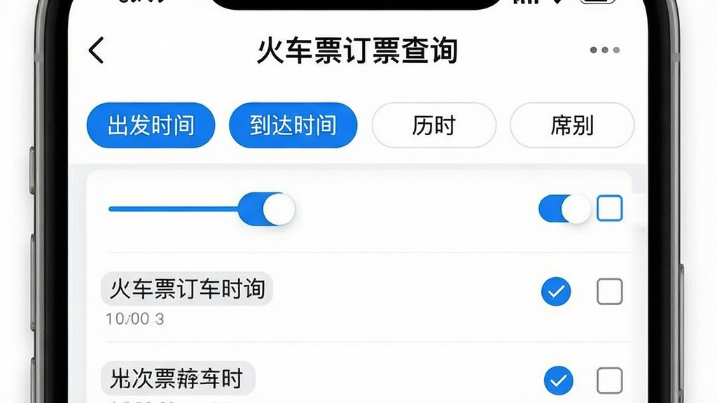 主体为“火车票订票查询”App的车次筛选界面,屏幕上方是一排可滑动的筛选标签,如“出发时间”、“到达时间”、“历时”、“席别”,下方展示筛选后的结果列表。布局采用上下结构,筛选栏固定于顶部,列表区域可滚动。排版风格简洁,白色背景搭配蓝色标签,高亮显示选中的筛选项。细节包括滑块开关和复选框。画质高清,无多余元素。