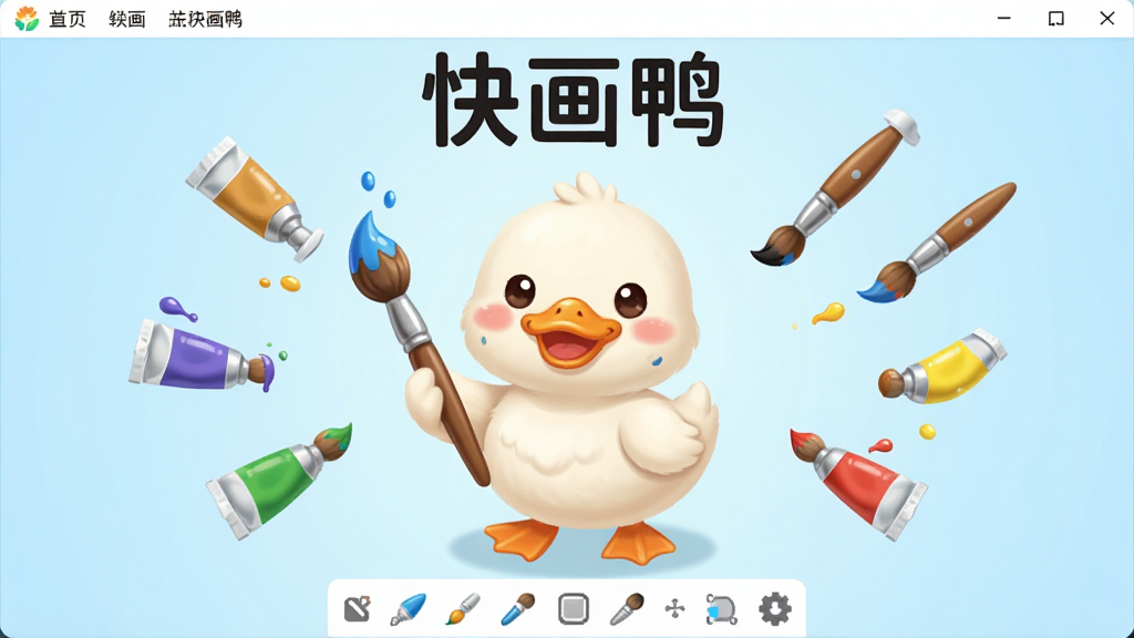 快画鸭绘画软件主界面展示,画面中央有一只可爱的鸭子拿着画笔,周围漂浮着各种颜色的颜料和画笔工具,背景是淡雅的浅蓝色渐变,界面布局简洁清晰,顶部有菜单栏,底部有工具栏,风格清新可爱,细节丰富,高画质,干净,无多余元素,画面上方有文字“快画鸭”