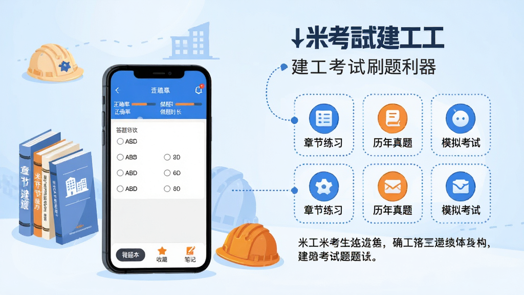 主体:米考试建工App界面展示,手机屏幕显示题库列表和答题页面,旁边有“章节练习”“历年真题”“模拟考试”等图标,背景为浅蓝色渐变。布局:手机位于画面中央偏左,右侧留白处用虚线框标注功能亮点,整体采用上下分层结构。排版:标题“米考试建工”位于顶部居中,副标题“建工考试刷题利器”位于其下,功能图标以网格状排列,下方配有一段简洁的说明文字。风格:扁平化插画风,色彩明快,以蓝白为主色调,搭配橙色点缀,整体干净专业。细节:手机屏幕内展示一道选择题,选项有ABCD,右上角显示“正确率”和“做题时长”,底部有“错题本”“收藏”“笔记”三个小按钮;背景中有几本建筑类书籍和工程帽的简笔画。画质:高清,干净,无多余元素。