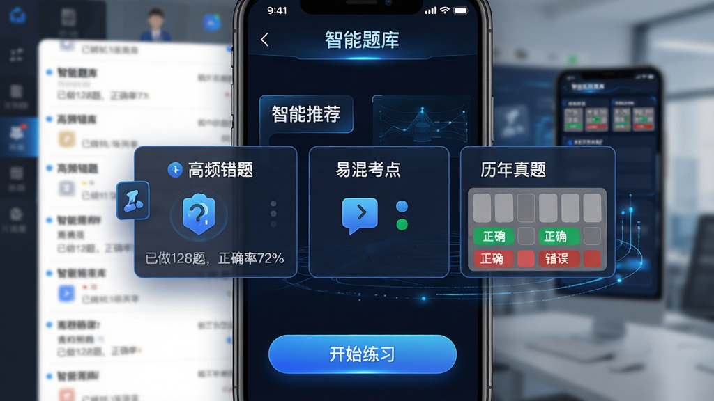 主体:米考试建工题库界面,屏幕显示“智能推荐”栏目,下方有“高频错题”“易混考点”“历年真题”三个卡片,每个卡片上有小图标。布局:手机屏幕占据画面主体,左侧为题目列表,右侧为答题卡缩略图,背景虚化处理。排版:顶部为“智能题库”标题,中间是推荐卡片横向排列,底部为“开始练习”按钮,整体层次分明。风格:科技感UI设计,深色背景搭配蓝色高光,按钮使用渐变效果,细节处有数据流动线条。细节:题目卡片上标注“已做128题,正确率72%”,答题卡上灰色格子为未答,绿色为正确,红色为错误。画质:清晰,干净,无多余元素。
