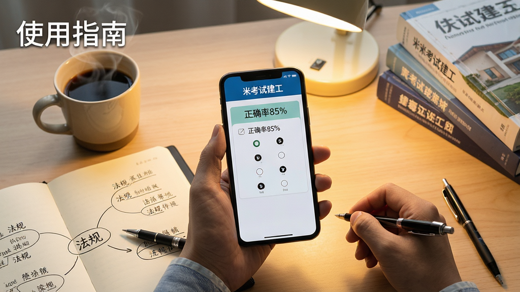 主体:米考试建工使用场景,一只手拿着手机正在刷题,另一只手在笔记本上做笔记,手机屏幕显示答题页面,背景是书桌和台灯。布局:场景为俯拍视角,手机位于画面中央,笔记本在左侧,笔在右侧,整体呈三角构图。排版:画面无文字,但手机屏幕上显示“米考试建工”字样和一道选择题,标题“使用指南”以水印形式出现在左上角。风格:真实摄影风格,暖色调,桌面有咖啡杯和几本建筑专业书籍,光线柔和。细节:手机屏幕清晰显示“正确率85%”,笔记本上画着思维导图,笔尖指向“法规”章节,咖啡杯冒着热气。画质:高清,干净,无多余元素。