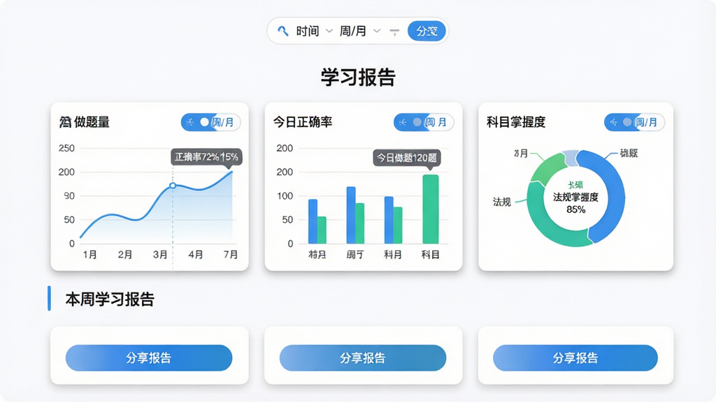 主体:米考试建工学习数据页面,屏幕显示折线图、柱状图和环形图,分别表示做题量、正确率、科目掌握度,下方有“本周学习报告”字样。布局:页面以数据图表为主,上方为时间选择器,下方为数据卡片,整体左右对称。排版:标题“学习报告”居中,图表以卡片式排列,每个卡片右上角有“周/月”切换按钮,底部有“分享报告”按钮。风格:清晰简洁的数据可视化风格,白色背景,蓝色和绿色为主色,图表线条流畅。细节:折线图标注“正确率72%↑5%”,柱状图标注“今日做题120题”,环形图标注“法规掌握度85%”,卡片边缘有阴影。画质:高清,干净,无多余元素。