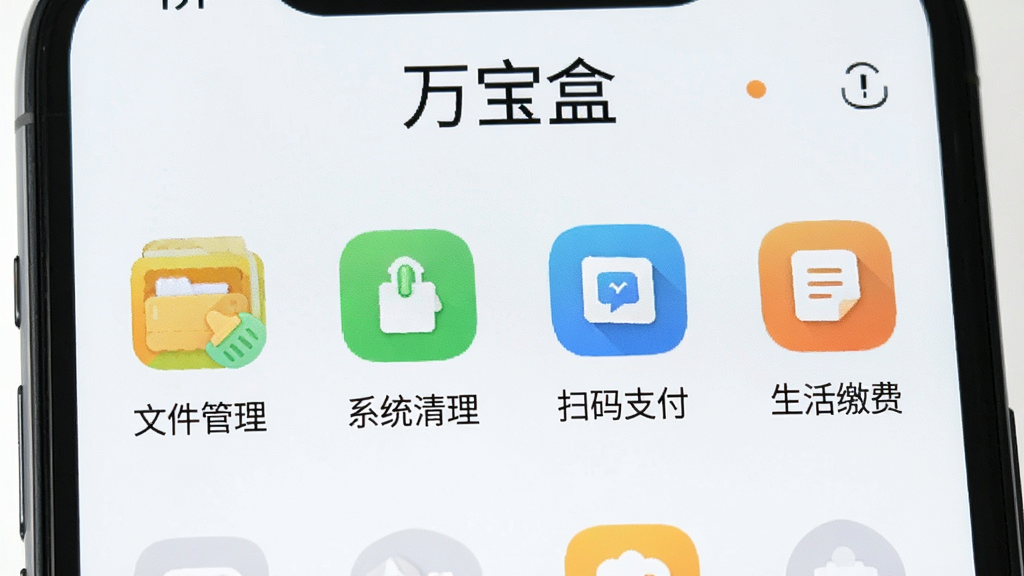 一张智能手机屏幕截图,显示万宝盒主界面,顶部有“万宝盒”字样,下方排列着文件管理、系统清理、扫码支付、生活缴费等图标,界面简洁明快,色彩清新,整体布局整齐,画质清晰,干净无多余元素。