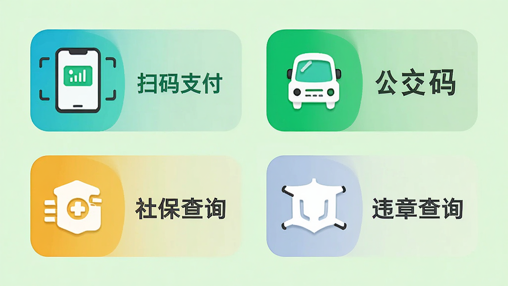 万宝盒生活服务功能界面预览,展示扫码支付、公交码、社保查询、违章查询四个功能图标,背景为浅绿色,图标色彩鲜明,布局简洁,排版整齐,画质清楚,无多余元素。