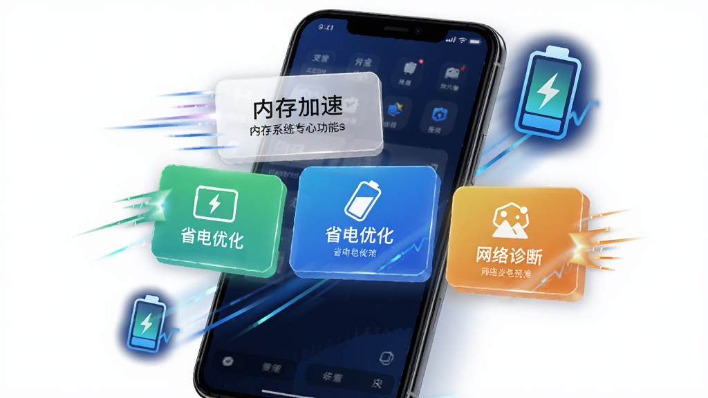 万宝盒系统优化功能展示图,手机屏幕显示内存加速、省电优化、网络诊断三个功能卡片,周围有速度线和电池图标,风格科技感,背景深蓝色,卡片高亮,画质清晰,布局集中,无多余元素。