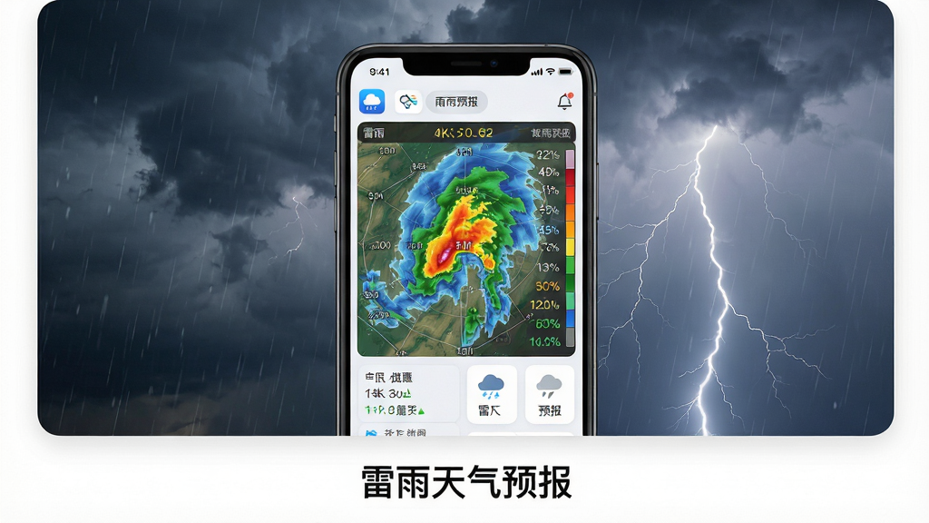 主体:雷雨天气预报应用界面展示,手机屏幕显示雷达云图与降雨预报信息,背景为阴雨天空与闪电。布局:手机居中,屏幕内容清晰可见,周围留白,下方有应用名称“雷雨天气预报”字样。排版:简洁大气,突出应用界面细节。风格:现代科技感,高清渲染,色彩真实。细节:雷达图色彩分明,降雨数据一目了然,界面图标精致。画质:4K超清,干净,无多余元素。