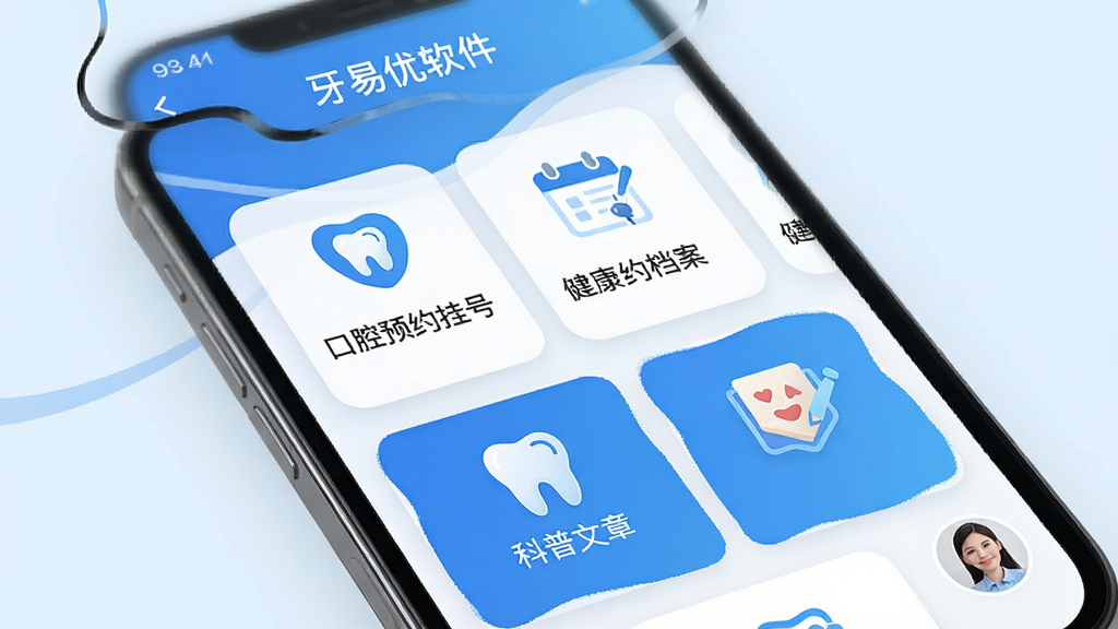 一张展示牙易优软件核心功能的预览图,主体为智能手机屏幕界面,屏幕中显示口腔预约挂号、健康档案、科普文章等模块图标,布局为上下排列的卡片式设计,风格清新简约,以蓝白色调为主,细节包含牙齿图标和用户头像,画质高清干净,无多余元素