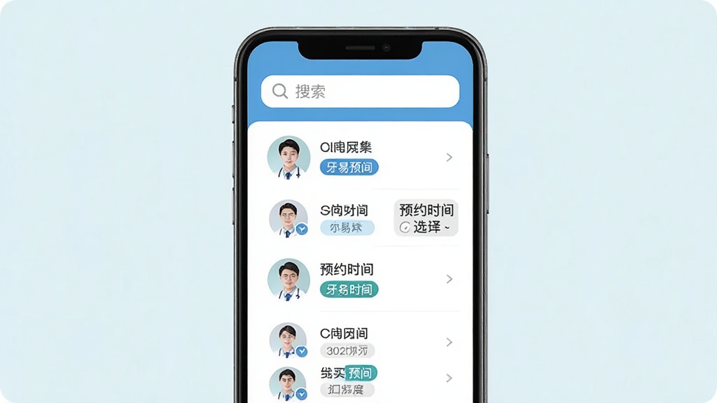 牙易优智能预约挂号功能界面截图,主体为手机屏幕展示医生列表和预约时间选择器,布局为列表形式,顶部有搜索栏,风格扁平化设计,细节包含医生头像、职称标签、可预约时段高亮显示,整体色调清新,画质干净,无多余元素