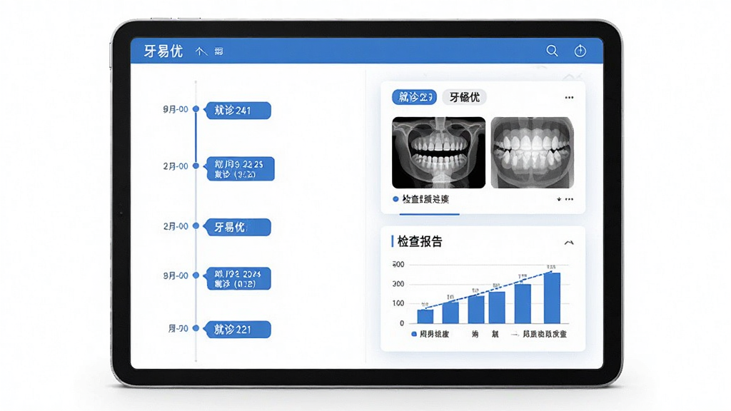 牙易优个人口腔档案界面预览,主体为平板电脑展示病历时间轴和检查报告图表,布局为左侧时间线右侧详情卡片,风格简洁商务,细节包含牙齿X光片缩略图、就诊日期标签,蓝白配色,画质清晰,无多余元素