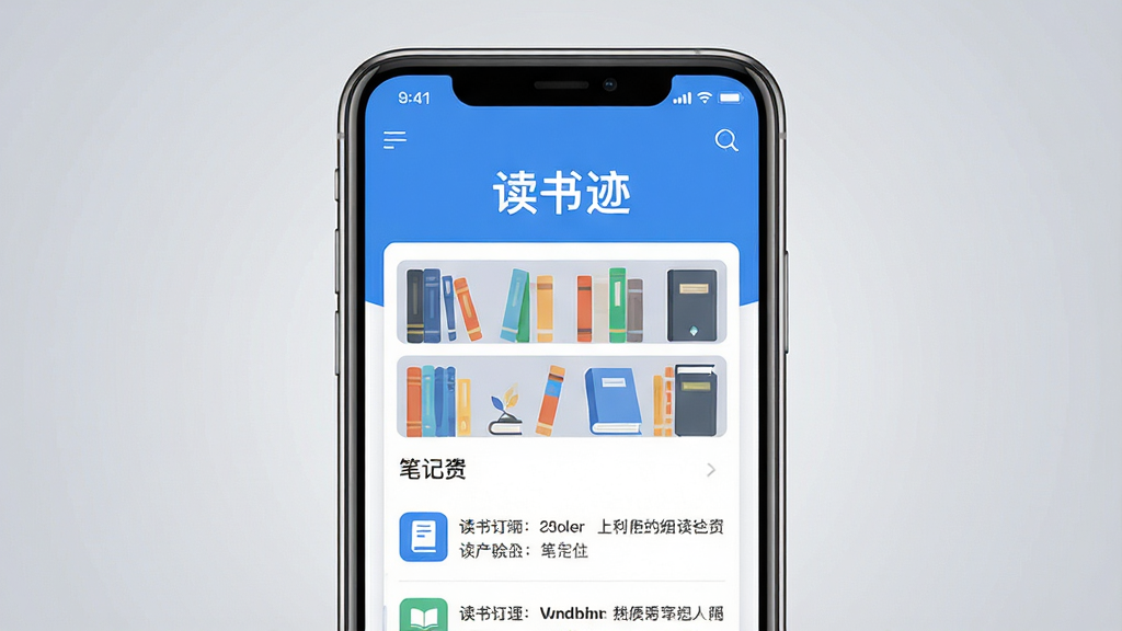 主体:一款名为“读书迹”的现代阅读应用界面,以手机竖屏形式展示。布局:画面中央是一部智能手机,屏幕内显示应用主界面,上方有“读书迹”字样,下方展示书架和笔记列表。排版:手机屏幕内信息排列整齐,左右对称。风格:扁平化设计,色彩清新明快,以蓝色和白色为主色调。细节:界面图标清晰,文字可辨,背景为柔和的渐变灰色,突出应用内容。画质:高清渲染,干净,无多余元素。