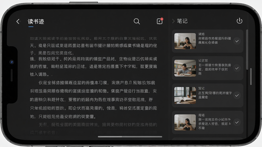 主体:手机横屏显示“读书迹”的阅读界面,左侧为文字内容,右侧为笔记列表。布局:左右分栏设计,笔记列表可滑动。风格:深色护眼模式,背景为深灰色,文字为浅灰色。细节:左侧文字段落清晰,右侧笔记卡片有缩略图。画质:细腻,干净,无多余元素。