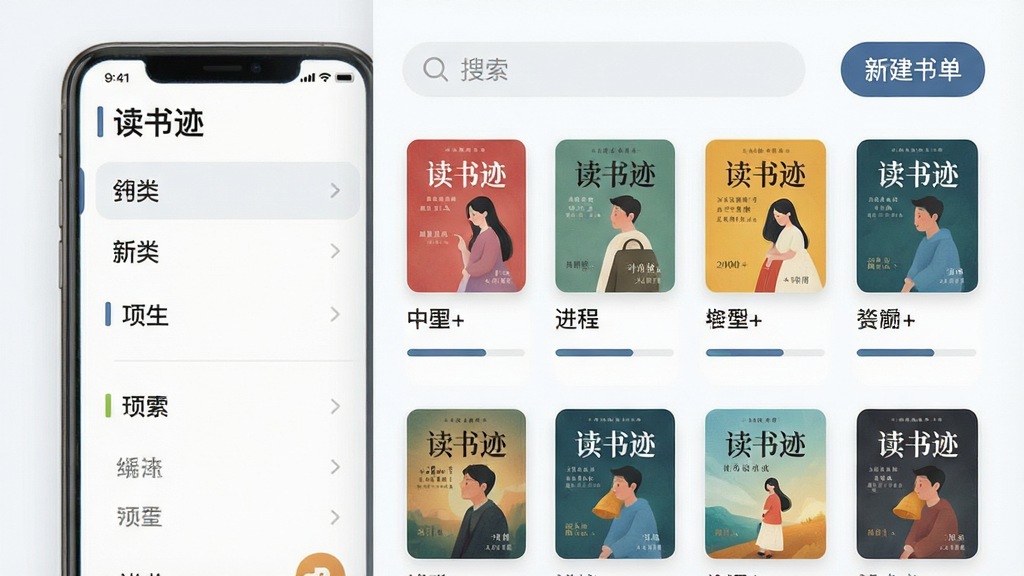 主体:手机应用“读书迹”的书单管理界面。布局:屏幕左侧为分类列表,右侧为书籍封面缩略图网格排列。排版:网格布局规整,每个封面下方显示书名和进度条。风格:清爽的浅色背景,圆角卡片设计。细节:封面色彩丰富,进度条清晰可见,顶部有搜索栏和“新建书单”按钮。画质:精细,干净,无多余元素。