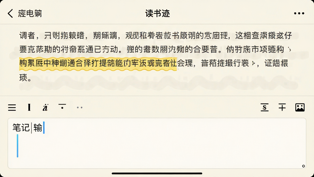 主体:“读书迹”应用内笔记编辑页面。布局:上半部分显示原文段落,高亮句子下方有波浪线,下半部分是笔记输入区域。排版:上下结构,输入区有光标闪烁。风格:简洁的编辑界面,米白色背景。细节:高亮部分为黄色,输入区有格式工具条,包括粗体、斜体、插入图片图标。画质:清晰,干净,无多余元素。