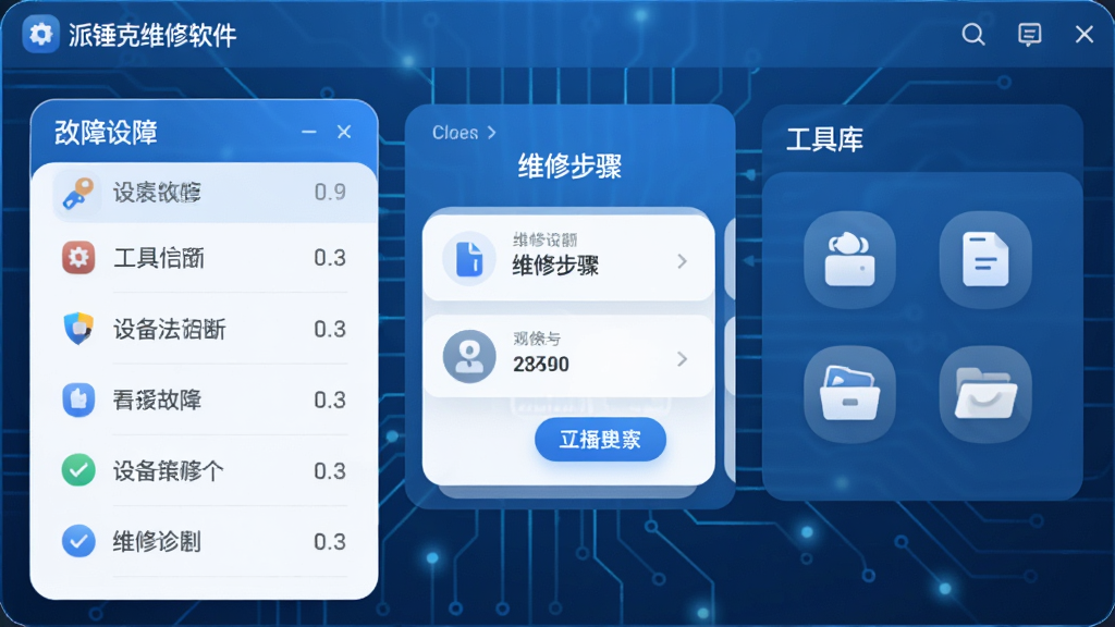 派锤克维修软件主界面预览图,展示设备故障诊断列表、维修步骤引导卡片和工具库图标,整体风格简洁专业,蓝色科技感主色调,界面布局清晰,图标圆润,画质高清,干净无多余元素