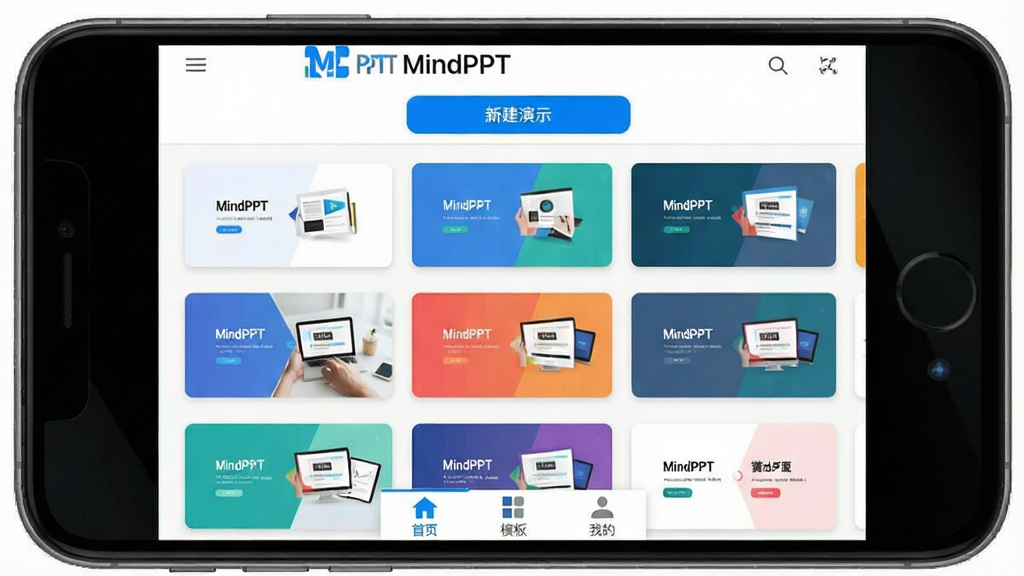 MindPPT������Ԥ��ͼ��չʾ�ֻ���Ļ��������ҳ���֣��Ϸ�Ϊ��MindPPT��Ʒ�Ʊ�־���½���ʾ�ĸ尴ť���в��Կ�Ƭʽ������ж����ͬ��ɫ������PPTģ������ͼ���·�Ϊ�ײ�������������ҳ��ģ�塢�ҵ�����ѡ������������������ı�ƽ����Ʒ��ɫ��������Ϊ�������������ɾ����޶���Ԫ��