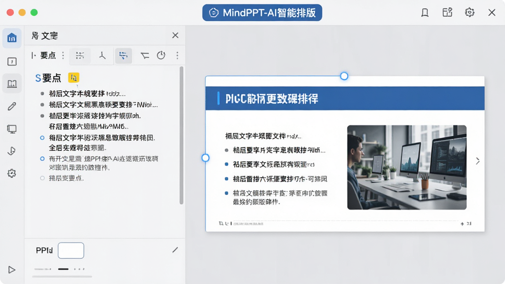 MindPPT��AI�Ű湦�ܲ�����ͼ�����Ϊ�������ִ�ٵı༭�����Ҳ�ʵʱչʾ��AI�Զ����ɵĻõ�ƬԤ��Ч�����õ�Ƭ������������Ҫ���б�����ͼ���򣬱���Ϊǳ��ɫ����̨�����涥����ʾ��MindPPT-AI�����Ű桱���ܱ�ǩ��������Ƽ���ʮ�㣬����Ԫ���������룬���ʸ��壬�޶���װ��
