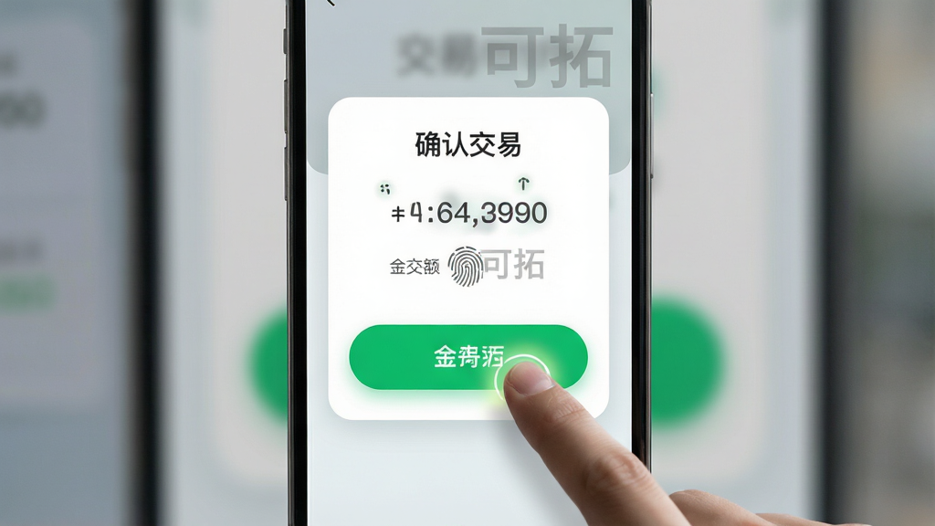 主体:可拓软件的交易确认界面,手指点击绿色按钮。布局:手机竖屏,交易卡片浮起,按钮发光。排版:屏幕中央显示“确认交易”和“可拓”水印。风格:清爽的浅色背景,大按钮,圆角卡片。细节:金额数字跳动,指纹图标亮起,背景有轻微模糊。画质:干净利落,无多余元素。