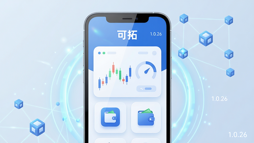 主体:可拓软件界面在手机屏幕上显示,配有K线图和资产钱包图标。布局:手机居中,屏幕朝前,周围有浅蓝色科技感光效。排版:屏幕内显示“可拓”字样和简洁的仪表盘设计。风格:现代扁平化结合微立体,科技蓝与白色主调,干净明亮。细节:屏幕反射微光,背景有区块链网络连接线条,数字“1.0.26”小字点缀。画质:4K超清,渲染细腻,无多余元素。