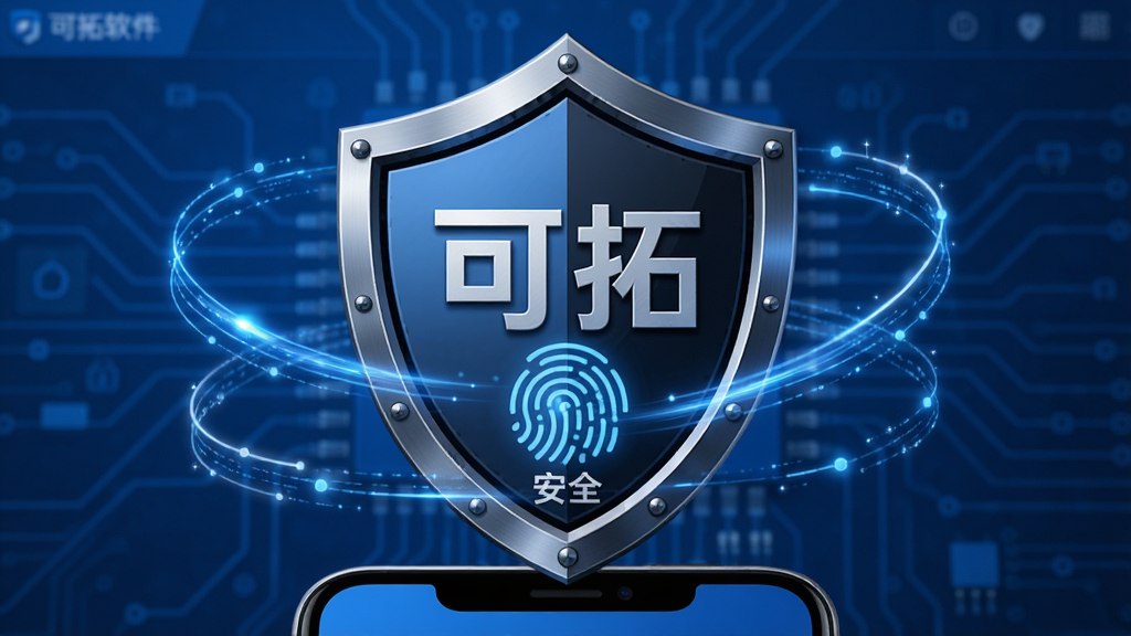 主体:盾牌图标与指纹锁的组合,背景为可拓软件的蓝色界面。布局:盾牌居中,周围有加密线条环绕,下方为手机屏幕边缘。排版:盾牌内嵌“可拓”字样,底部有“安全”小字。风格:拟物化与扁平结合,金属质感,蓝黑配色。细节:光线在盾牌表面流动,指纹光效,背景电路纹理。画质:高清晰度,质感细腻。