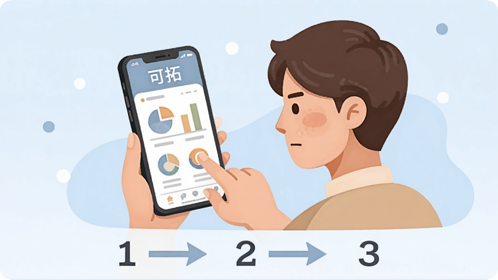 主体:可拓APP使用指南的插画风格图片,一位用户正在手机上进行操作。布局:人物手指点击手机屏幕,屏幕中显示“可拓”界面。排版:画面下方有箭头指示步骤1、2、3。风格:扁平插画,淡蓝色背景,温馨色调。细节:手机屏幕有简单图表,人物表情认真。画质:清晰,无多余元素。