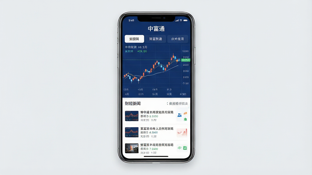 一张智能手机屏幕展示中富通应用界面,界面包含股票行情图表、财经新闻列表和数据看板,整体风格现代简约,主色调为深蓝色与白色,图表线条清晰,数据展示直观,背景为浅灰色,画面干净,无多余元素,画质高清,居中构图,应用名称“中富通”显示在屏幕顶部。