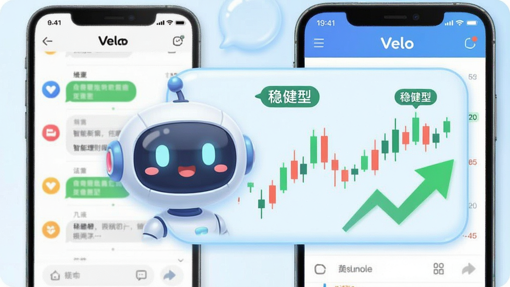 展示Velo智能理财顾问功能,手机屏幕中有一个可爱的机器人头像,旁边显示K线图和“稳健型”标签,背景为浅蓝色气泡框。布局为分屏式,左侧为对话列表,右侧为理财图表。风格活泼亲和,细节包括“Velo”标志和上升的绿色箭头,画质干净,无多余元素。