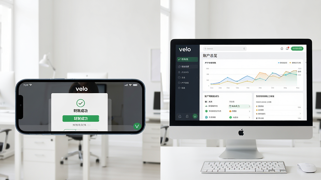 展示Velo应用在手机和电脑上的使用场景,手机横屏显示转账成功页面,电脑显示器显示账户总览图表。布局为左右分屏,背景为浅色办公室环境。风格写实,细节包括“Velo”界面和“转账成功”提示,画质清晰,干净无多余元素。