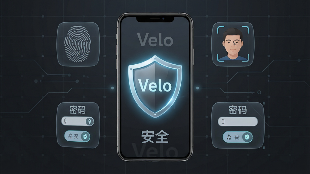 展示Velo安全防护功能,一个盾牌图标位于手机屏幕中央,周围环绕指纹、人脸识别和密码输入框。背景为深灰色科技网格,盾牌发出微光。布局居中对称,风格硬朗安全,细节包括“Velo”水印和“安全”字样,画质锐利,干净无多余元素。