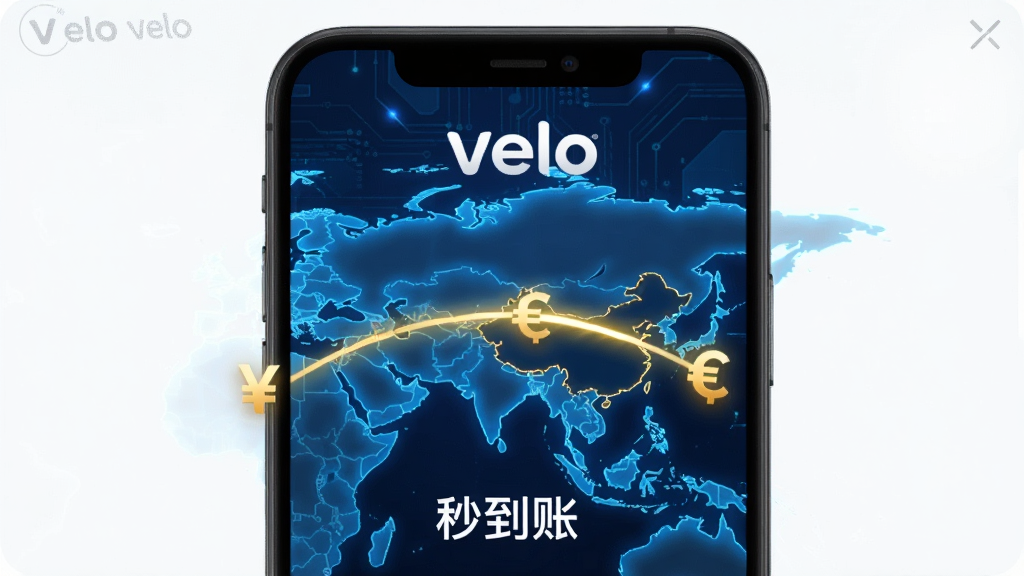 展示Velo跨境转账功能,手机屏幕中显示全球地图和一条从中国到美国的金色光线,光线两端有货币符号。背景为深蓝色科技感底纹,地图发光,整体布局居中。风格未来感十足,细节包括“Velo”标识和“秒到账”文字,画质细腻,干净无多余元素。