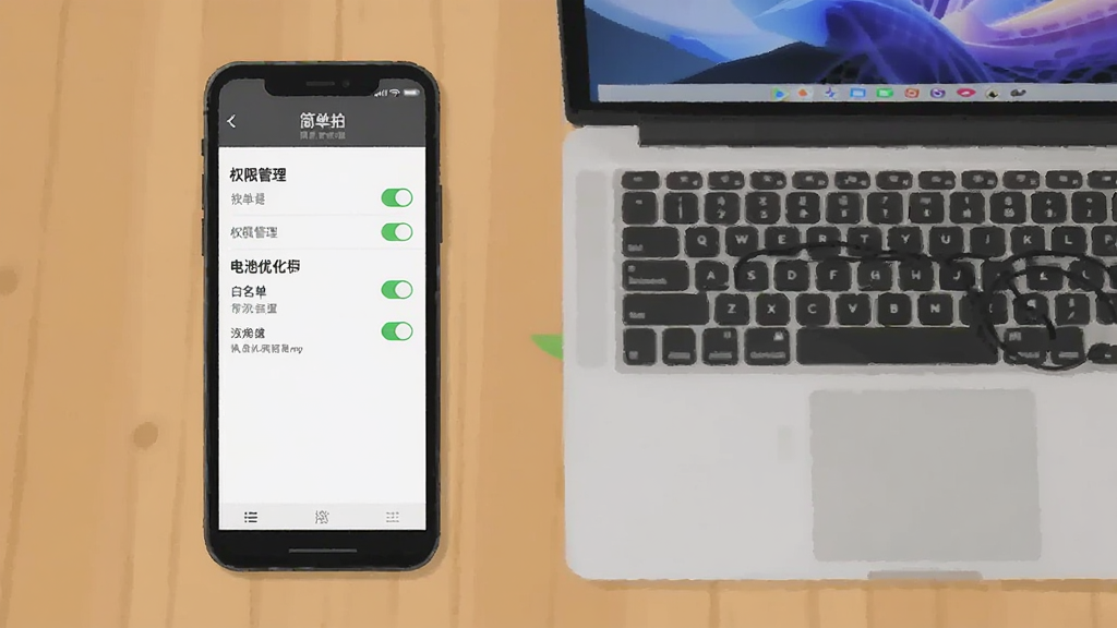 展示简单拍APP在手机上的设置界面,屏幕内显示权限管理选项和电池优化白名单设置,手机旁放置了一台笔记本电脑象征电脑端模拟器操作,布局为俯拍视角,风格为简洁的实用主义插画,细节包括屏幕上的开关按钮和文字