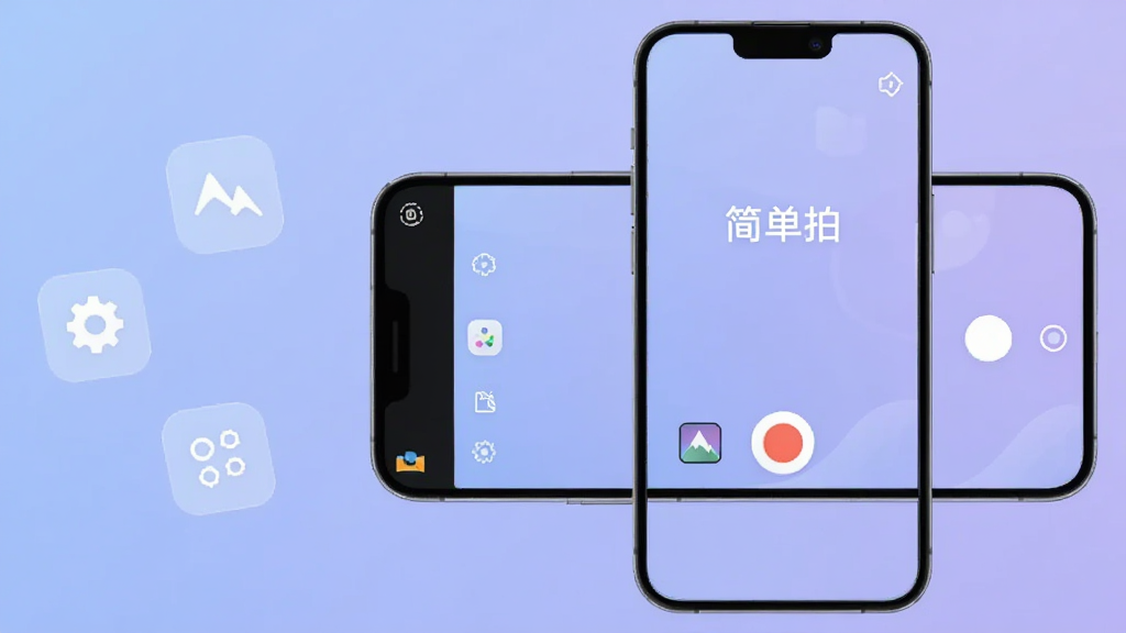 画面主体为一部智能手机横屏展示简单拍APP的拍摄主界面,手机屏幕中清晰显示
