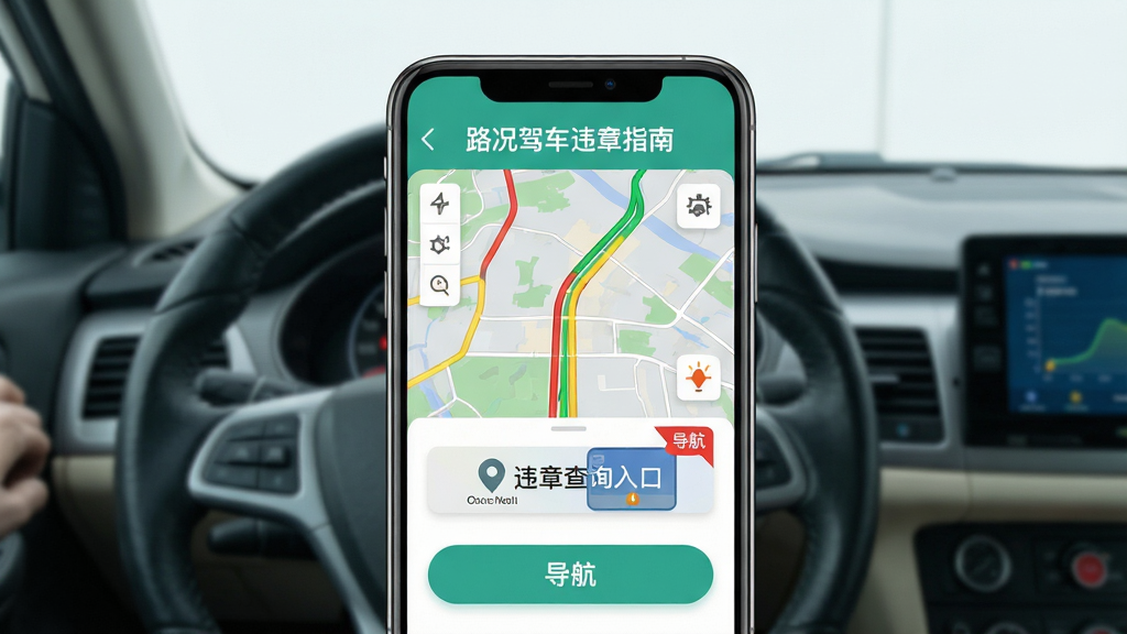 主体:智能手机屏幕展示“路况驾车违章指南”主界面,界面包含实时路况地图、违章查询入口及导航按钮。布局:手机居中,屏幕内容清晰可见,背景为简洁的驾驶场景。排版:界面元素排列有序,功能图标明显。风格:现代扁平化设计,色彩清新明快。细节:地图上标注红黄绿路况线条,违章查询按钮带有红色提示角标。画质:高分辨率,干净,无多余元素。