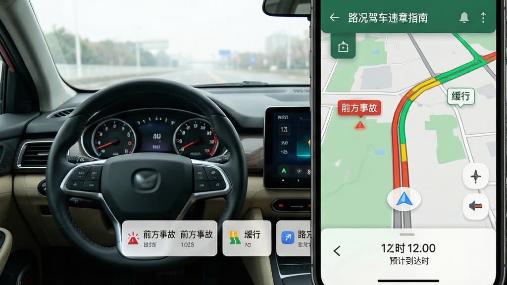 主体:汽车仪表盘与手机导航界面融合,显示“路况驾车违章指南”实时路况地图。布局:左侧为车辆视角,右侧为手机界面特写。排版:地图上分布红黄绿三色路线,底部有路况提示卡片。风格:科技感与写实结合,光线自然。细节:地图上标注“前方事故”“缓行”等文字标签,手机界面显示预计到达时间。画质:超清画质,干净,无多余元素。