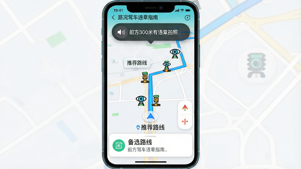 主体:手机导航界面显示“路况驾车违章指南”的智能导航功能。布局:地图全屏展示,底部有路线信息卡片,顶部有语音播报悬浮窗。排版:路线用蓝色线条标出,电子眼图标沿路分布。风格:简约清晰,色彩对比鲜明。细节:语音播报悬浮窗显示“前方300米有违章拍照”,地图上标注“推荐路线”与“备选路线”。画质:高分辨率,干净,无多余元素。