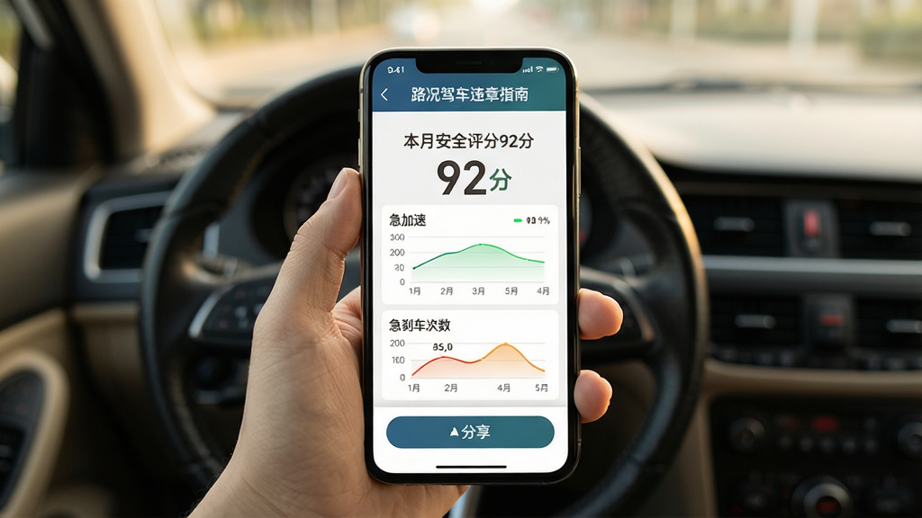 主体:用户手持手机查看“路况驾车违章指南”的驾驶报告页面。布局:手机屏幕正面展示,背景为模糊的驾驶场景。排版:报告以图表形式展示评分与统计,底部有分享按钮。风格:写实风格,暖色调。细节:手机屏幕上显示“本月安全评分92分”,图表包含急加速、急刹车次数。画质:高清晰,干净,无多余元素。
