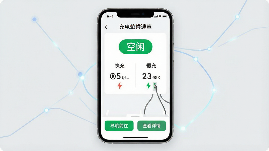 一张“充电桩本地速查”APP功能演示图,屏幕上展示一个充电站详情页,页面内以醒目的绿色标签显示“空闲”,并配有“快充”、“慢充”数量统计,界面底部有“导航前往”和“查看详情”两个按钮。背景为浅灰色,营造出一种简洁明了的科技感,画质干净,布局合理。