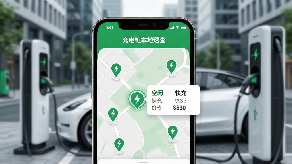 一幅现代智能手机屏幕的特写,屏幕正中央清晰显示“充电桩本地速查”APP的界面,界面以绿色和白色为主色调,地图上分布着多个充电站图标,其中一个被高亮选中并弹出信息卡片,卡片上标有“空闲”、“快充”、“价格”等字样。手机背景为模糊的现代城市街景,有一辆白色电动汽车正在充电。整体布局主体突出,画面干净,风格写实,细节丰富,画质高清。
