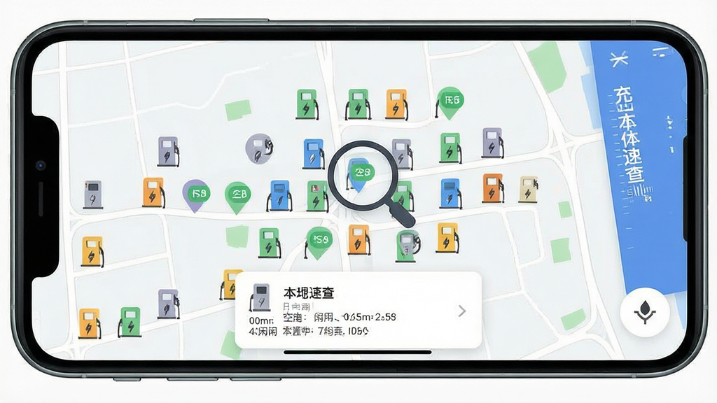 一张“充电桩本地速查”手机应用界面的俯视截图,应用地图上密集分布着众多充电站图标,图标以不同颜色区分空闲和占用状态,地图风格简洁清爽,放大镜图标悬停在某个充电站上,下方显示详情卡片。画面排版规整,信息层级分明,风格扁平化设计,细节清晰,画质干净,无多余元素。