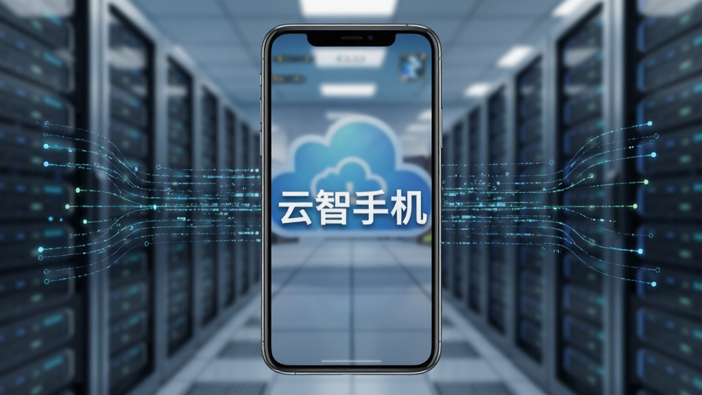 主体为一部运行着大型3D游戏的手机,屏幕中显示“云智手机”字样,背景是模糊的云端服务器机房,布局为手机居中,两侧有数据流线,排版简洁,风格写实科技,细节清晰,画质高清干净,无多余元素