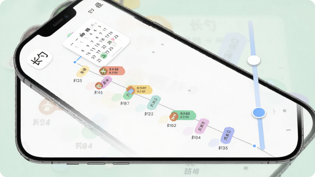 长勺时间轴功能预览,竖屏手机界面展示连续日期的时间线,不同颜色的标签点分布在时间轴上,右侧有滑动条,顶部日历小部件,整体风格扁平化,色彩柔和,突出“长勺”应用名称,画质清晰,排版整齐,无多余元素