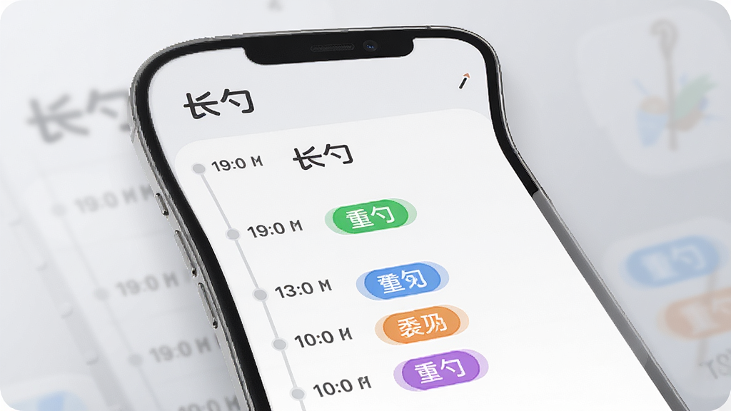 长勺应用主界面展示图,手机屏幕内显示清晰的时间轴列表与彩色标签分类,背景为浅灰渐变,界面简洁现代,图标圆润,突出“长勺”品牌标识,整体布局干净清爽,画质细腻,无多余元素