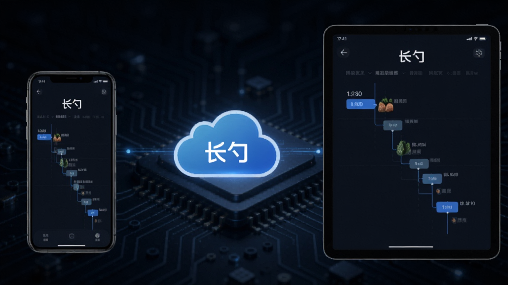 长勺多设备同步示意图,左侧手机右侧平板电脑,中间有云朵图标连接,背景为深色科技感,屏幕内显示相同的时间轴界面,突出“长勺”品牌,画质清晰,排版专业,无多余元素