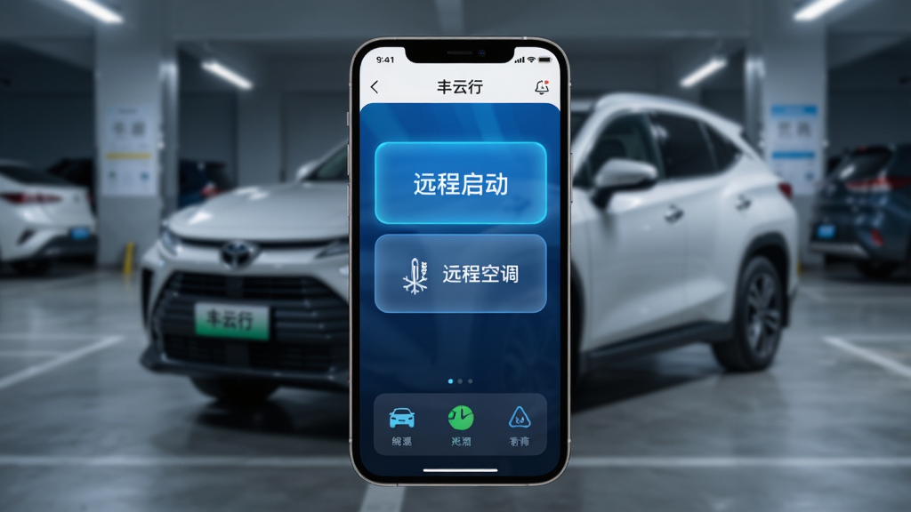 主体:一部智能手机显示丰云行App的远程控制界面,背景为广汽丰田汽车在停车场。布局:手机位于画面中央,汽车在后方虚化。排版:手机界面放大,显示“远程启动”、“远程空调”等按钮,底部有车辆状态图标。风格:科技感,蓝色与白色配色,界面清晰。细节:手机屏幕上有“丰云行”字样,按钮图标发光,背景停车场有柔和灯光。画质:高清,干净,无多余元素。