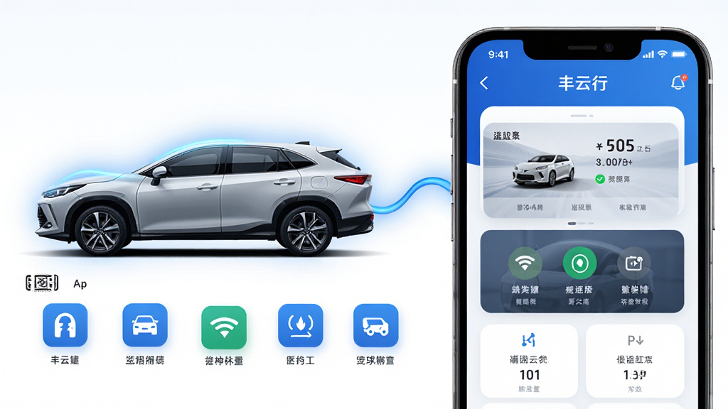 主体:一辆广汽丰田汽车与智能手机屏幕中的丰云行App界面,屏幕显示车辆状态、远程控制等图标。布局:左侧为汽车侧影,右侧为手机界面放大图,中间以流畅线条连接。排版:上下结构,上方为汽车与手机组合,下方为App功能图标排列。风格:现代科技感,蓝色主色调,白色背景,简洁明亮。细节:手机屏幕清晰显示“丰云行”字样和车辆信息卡片,汽车周围有轻微的光效。画质:高清渲染,干净,无多余元素。