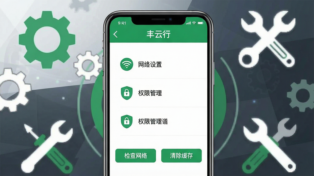 主体:手机屏幕显示丰云行App的故障排查指引界面,包含“网络设置”、“权限管理”等选项。布局:手机居中,背景有齿轮和工具图标。排版:界面简洁,每个选项旁边有小图标。风格:扁平化设计,绿色与白色配色。细节:屏幕顶部有“丰云行”字样,下方有“检查网络”、“清除缓存”按钮。画质:清晰,干净,无多余元素。