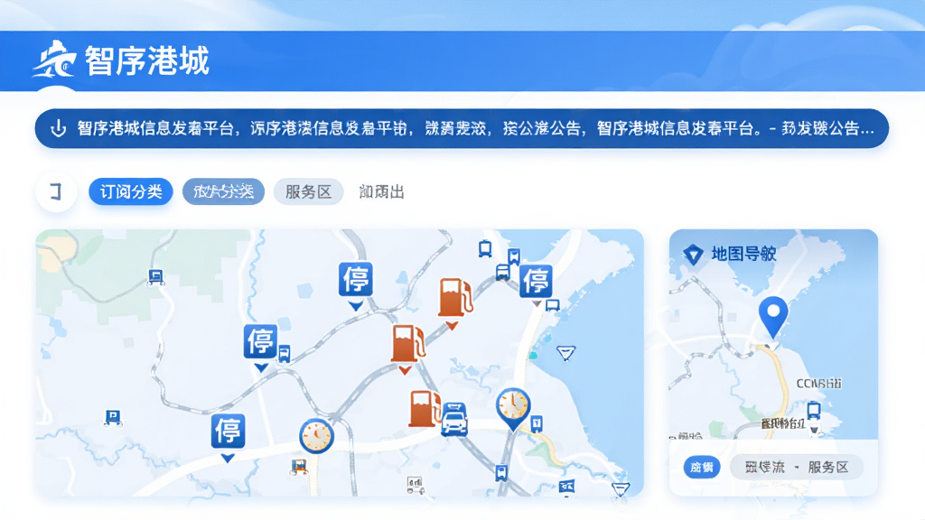 智序港城信息发布平台界面,展示滚动公告栏、订阅分类标签、地图导航卡片,地图上标有停车场、加油站、服务区等图标,整体风格清新明快,蓝色与白色搭配,包含“智序港城”标识,画质清晰,无多余元素