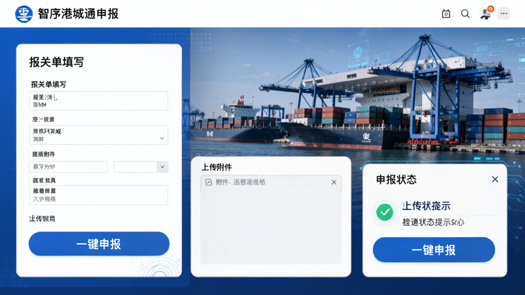 智序港城通关申报页面设计,展示报关单填写表单、上传附件区域、申报状态提示框,界面采用分区布局,蓝白配色,突出“一键申报”按钮,背景为港口海关大楼,商务科技风格,画质精细,无多余元素
