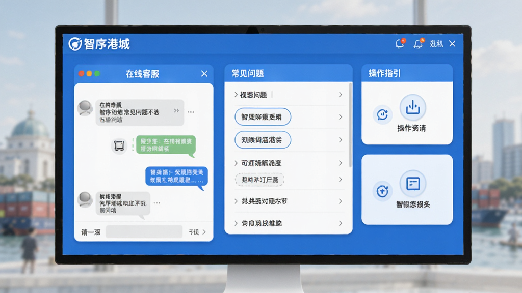智序港城常见问题解答客服界面,展示在线客服对话框、常见问题列表、操作指引卡片,界面友好,蓝色主题,包含“智序港城”标识,画质清晰,无多余元素